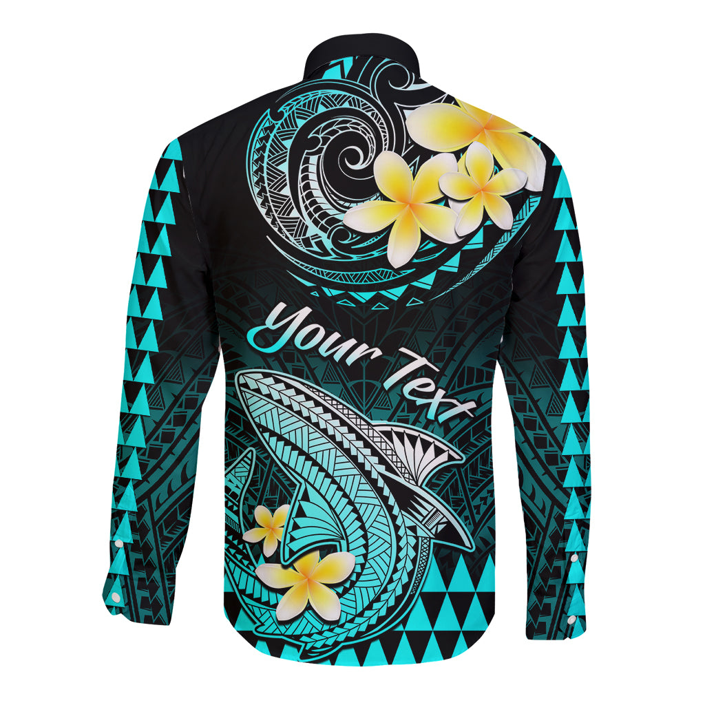 Personalised Hawaii Long Sleeve Button Shirt Polynesian Shark with Kakau Turquoise Version LT01 - Polynesian Pride