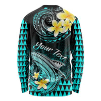 Personalised Hawaii Long Sleeve Shirt Polynesian Shark with Kakau Turquoise Version LT01 - Polynesian Pride