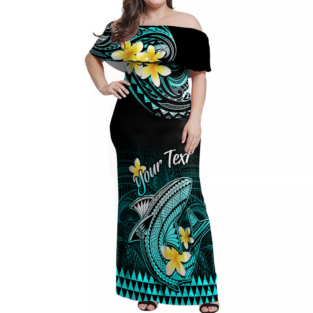 Personalised Hawaii Off Shoulder Maxi Dress Polynesian Shark with Kakau Turquoise Version LT01 Women Turquoise - Polynesian Pride