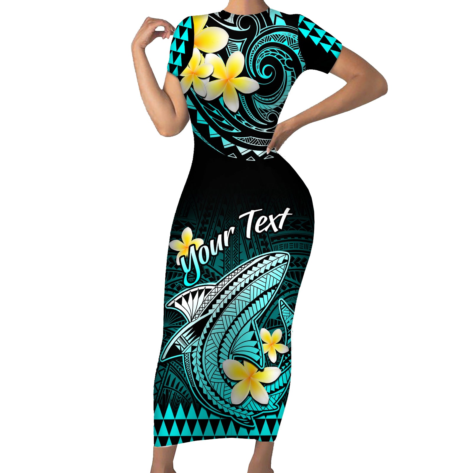 Personalised Hawaii Short Sleeve Bodycon Dress Polynesian Shark with Kakau Turquoise Version LT01 Long Dress Turquoise - Polynesian Pride