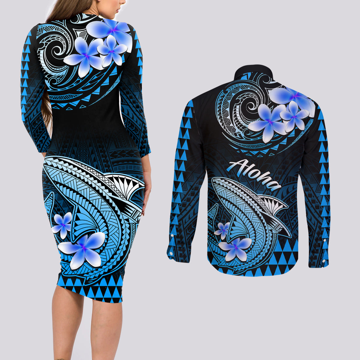 Hawaii Couples Matching Long Sleeve Bodycon Dress and Long Sleeve Button Shirts Polynesian Shark with Kakau Blue Version LT01 - Polynesian Pride