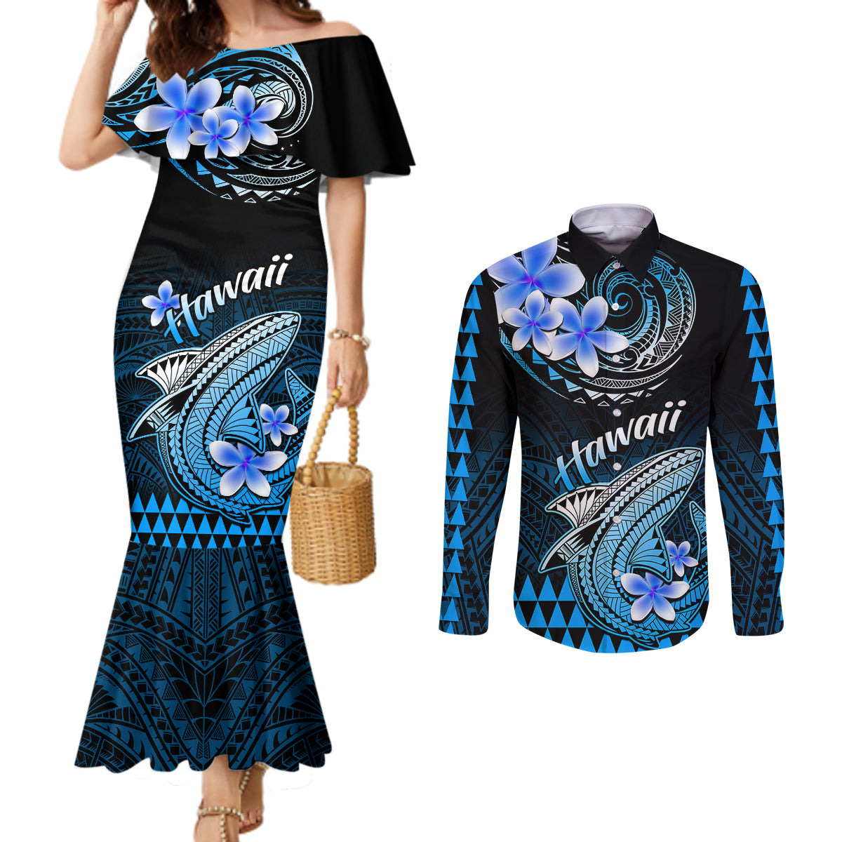 Hawaii Couples Matching Mermaid Dress and Long Sleeve Button Shirts Polynesian Shark with Kakau Blue Version LT01 Blue - Polynesian Pride