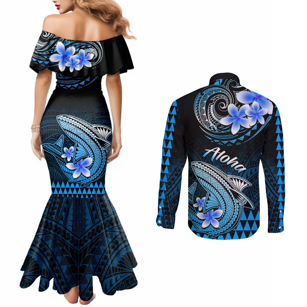 Hawaii Couples Matching Mermaid Dress and Long Sleeve Button Shirts Polynesian Shark with Kakau Blue Version LT01 - Polynesian Pride
