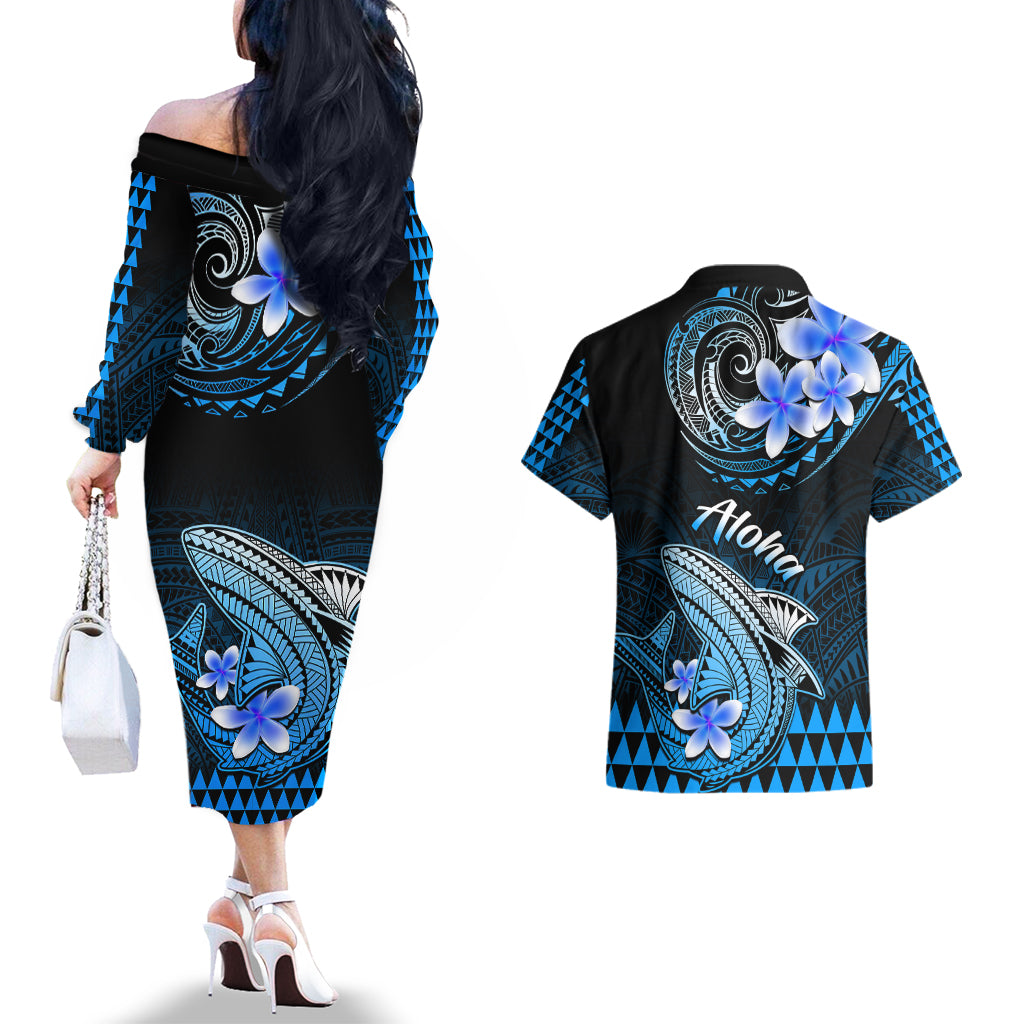 Hawaii Couples Matching Off The Shoulder Long Sleeve Dress and Hawaiian Shirt Polynesian Shark with Kakau Blue Version LT01 - Polynesian Pride