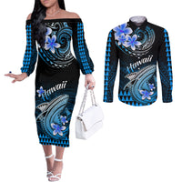 Hawaii Couples Matching Off The Shoulder Long Sleeve Dress and Long Sleeve Button Shirts Polynesian Shark with Kakau Blue Version LT01 Blue - Polynesian Pride