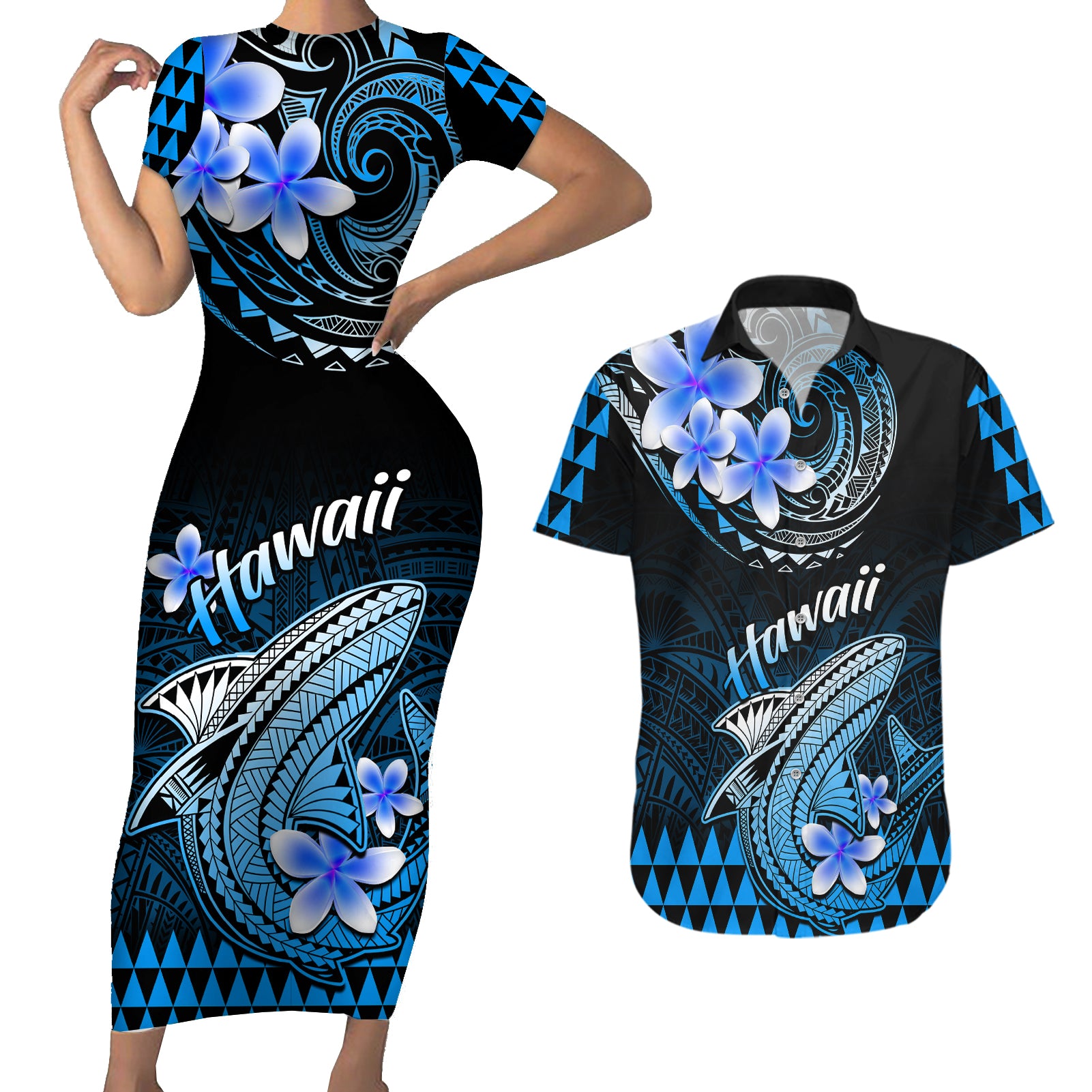 Hawaii Couples Matching Short Sleeve Bodycon Dress and Hawaiian Shirt Polynesian Shark with Kakau Blue Version LT01 Blue - Polynesian Pride