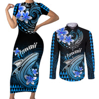 Hawaii Couples Matching Short Sleeve Bodycon Dress and Long Sleeve Button Shirts Polynesian Shark with Kakau Blue Version LT01 Blue - Polynesian Pride