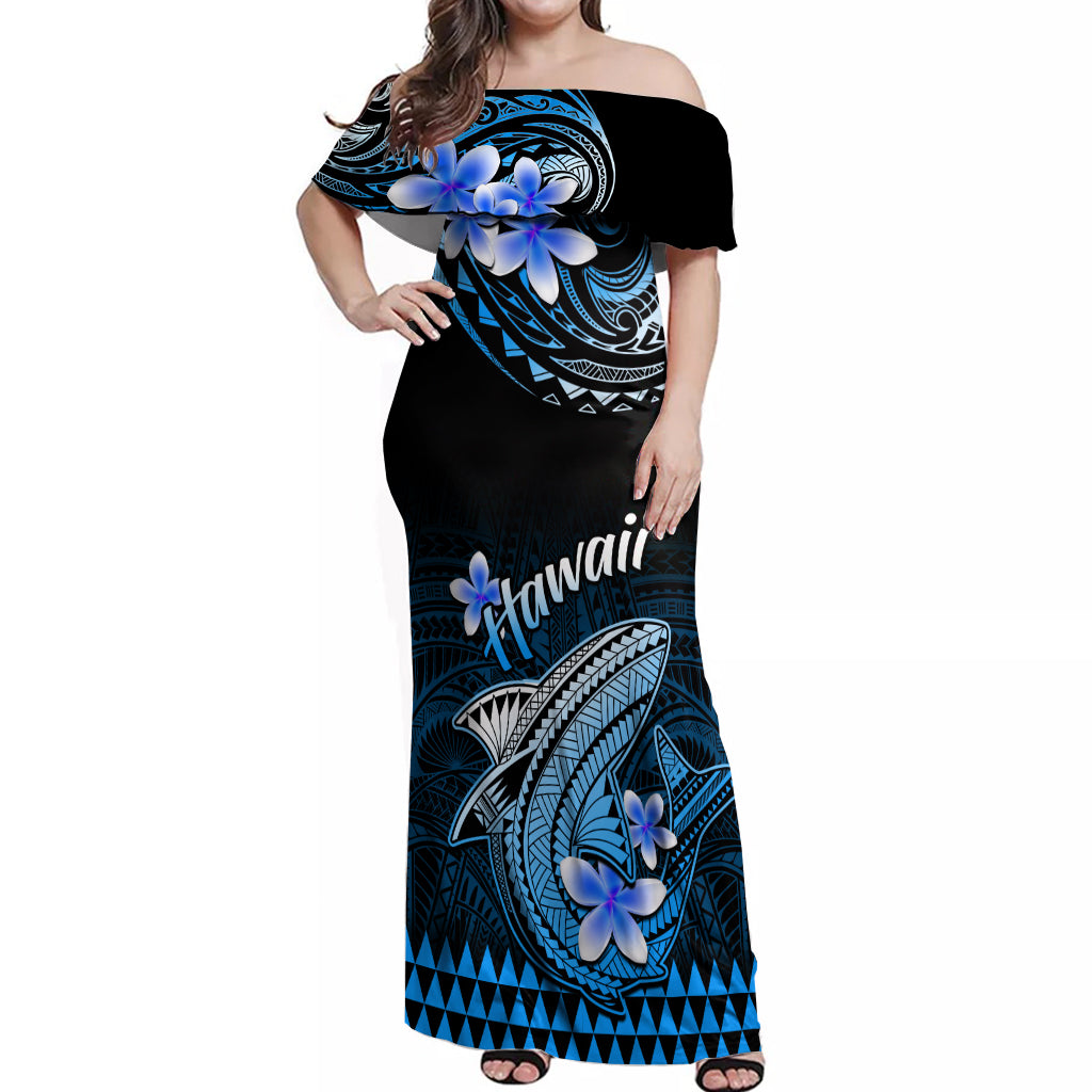 Hawaii Off Shoulder Maxi Dress Polynesian Shark with Kakau Blue Version LT01 Women Blue - Polynesian Pride