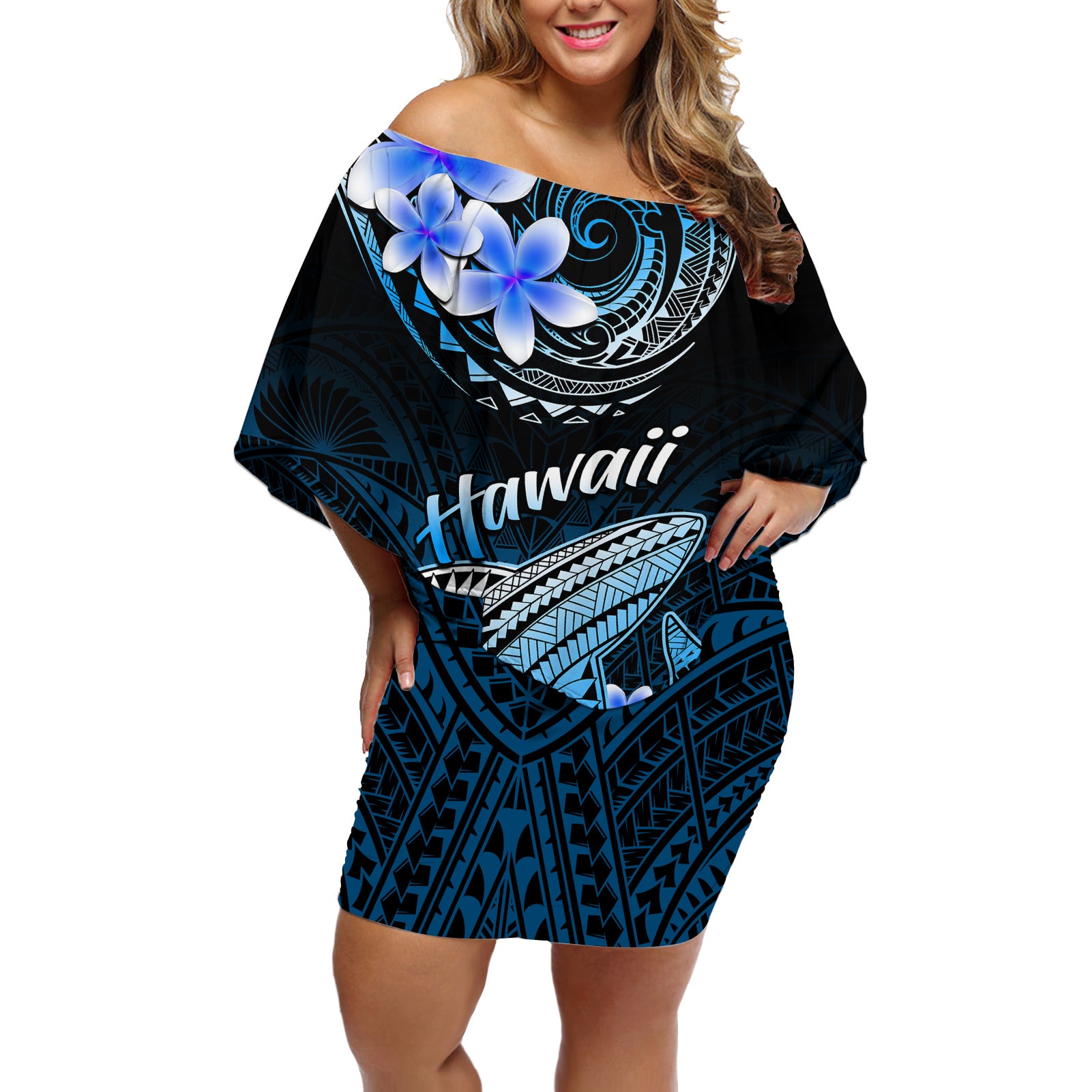 Hawaii Off Shoulder Short Dress Polynesian Shark with Kakau Blue Version LT01 Women Blue - Polynesian Pride