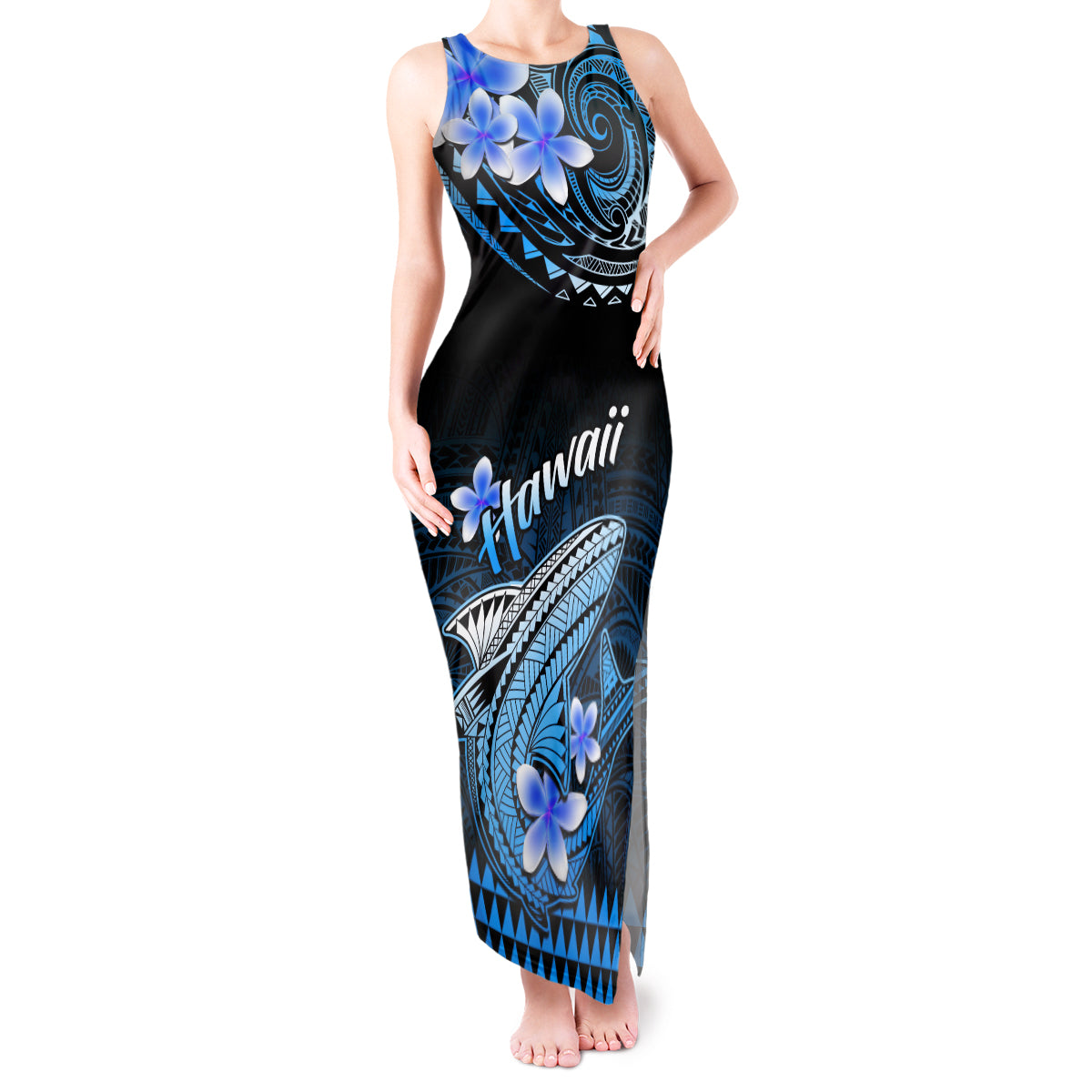 Hawaii Tank Maxi Dress Polynesian Shark with Kakau Blue Version LT01 Women Blue - Polynesian Pride