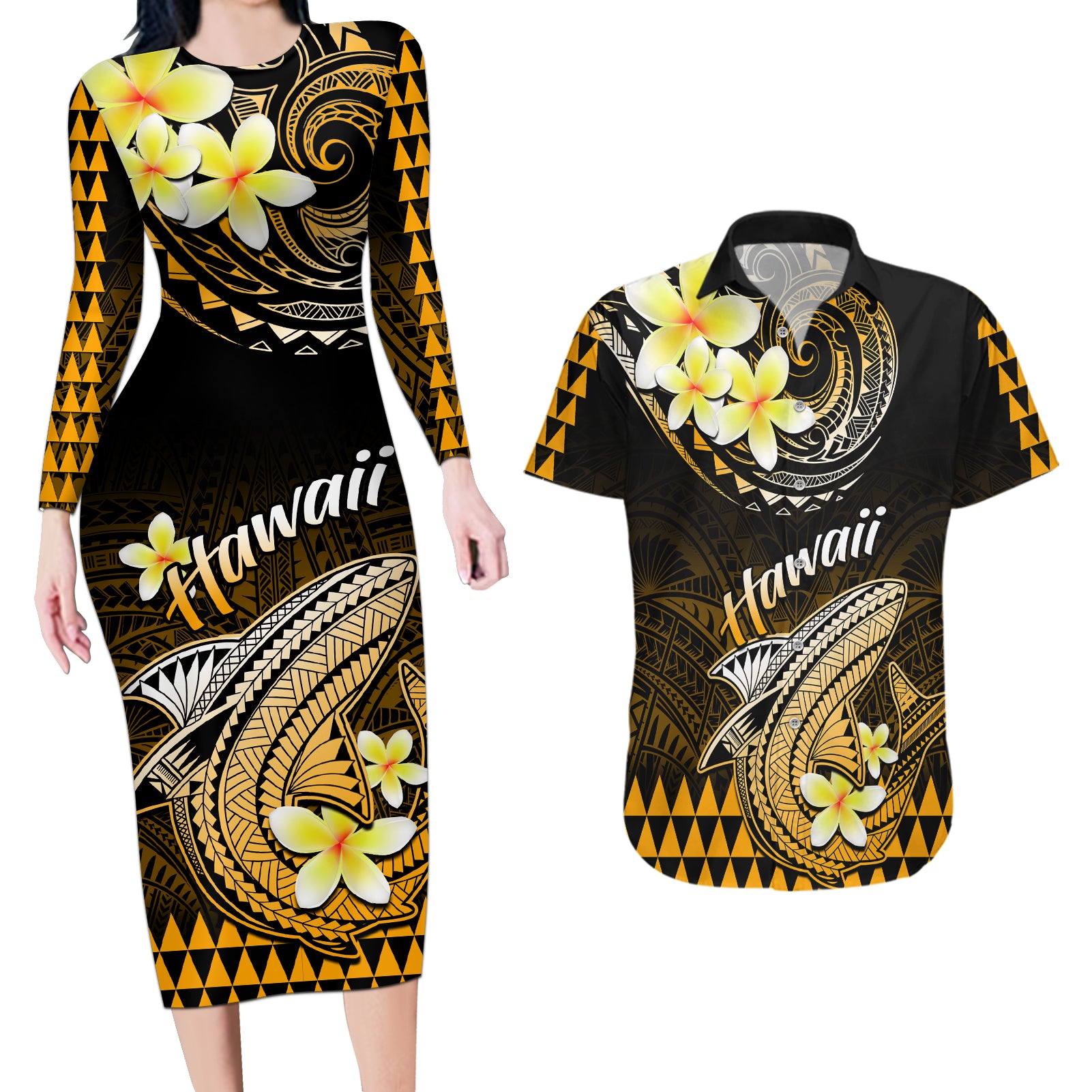 Hawaii Couples Matching Long Sleeve Bodycon Dress and Hawaiian Shirt Polynesian Shark with Kakau Gold Version LT01 Gold - Polynesian Pride