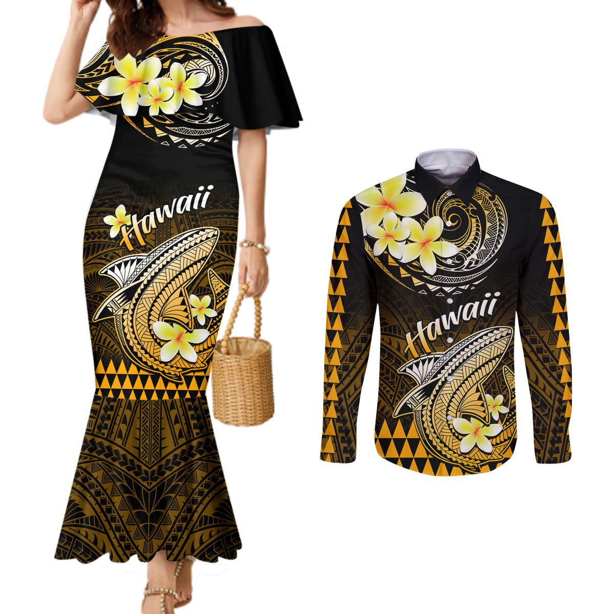 Hawaii Couples Matching Mermaid Dress and Long Sleeve Button Shirts Polynesian Shark with Kakau Gold Version LT01 Gold - Polynesian Pride