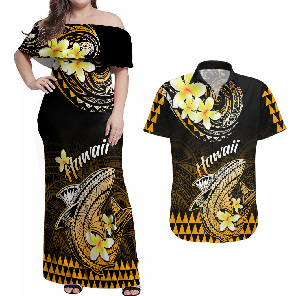 Hawaii Couples Matching Off Shoulder Maxi Dress and Hawaiian Shirt Polynesian Shark with Kakau Gold Version LT01 Gold - Polynesian Pride