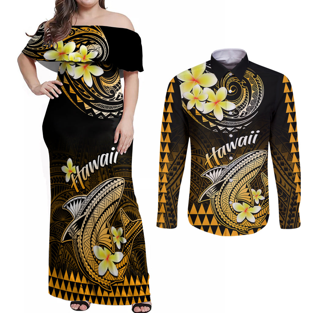 Hawaii Couples Matching Off Shoulder Maxi Dress and Long Sleeve Button Shirts Polynesian Shark with Kakau Gold Version LT01 Gold - Polynesian Pride