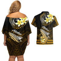 Hawaii Couples Matching Off Shoulder Short Dress and Hawaiian Shirt Polynesian Shark with Kakau Gold Version LT01 - Polynesian Pride