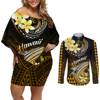 Hawaii Couples Matching Off Shoulder Short Dress and Long Sleeve Button Shirts Polynesian Shark with Kakau Gold Version LT01 Gold - Polynesian Pride