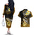 Hawaii Couples Matching Off The Shoulder Long Sleeve Dress and Hawaiian Shirt Polynesian Shark with Kakau Gold Version LT01 - Polynesian Pride