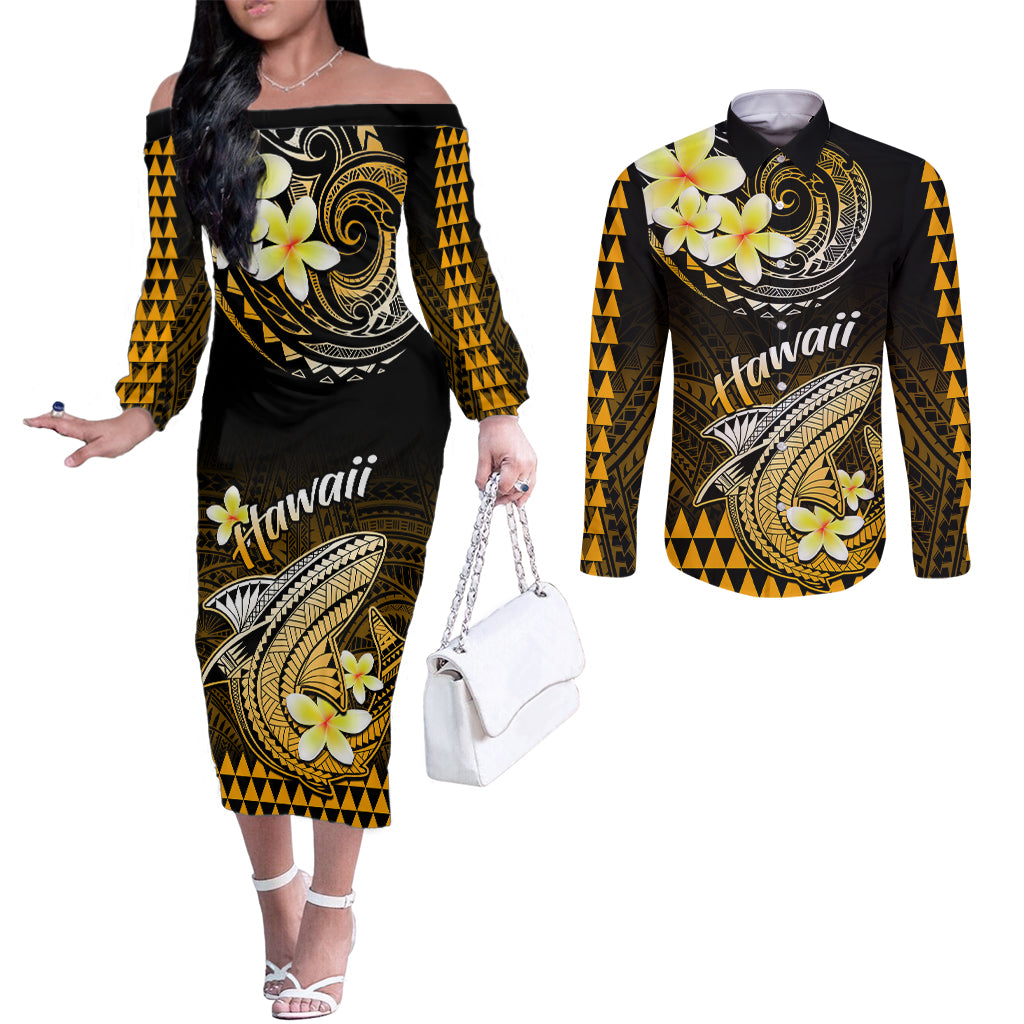 Hawaii Couples Matching Off The Shoulder Long Sleeve Dress and Long Sleeve Button Shirts Polynesian Shark with Kakau Gold Version LT01 Gold - Polynesian Pride