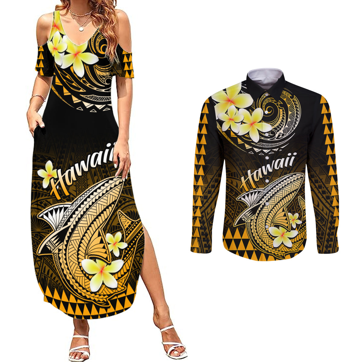 Hawaii Couples Matching Summer Maxi Dress and Long Sleeve Button Shirts Polynesian Shark with Kakau Gold Version LT01 Gold - Polynesian Pride