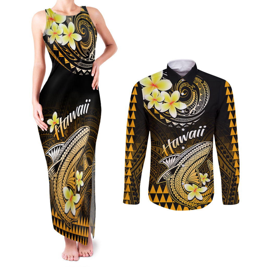 Hawaii Couples Matching Tank Maxi Dress and Long Sleeve Button Shirts Polynesian Shark with Kakau Gold Version LT01 Gold - Polynesian Pride