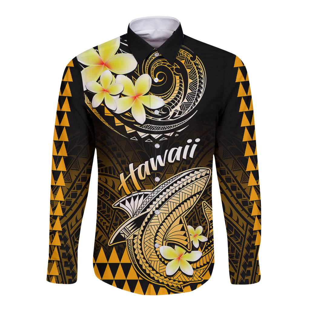 Hawaii Long Sleeve Button Shirt Polynesian Shark with Kakau Gold Version LT01 Unisex Gold - Polynesian Pride