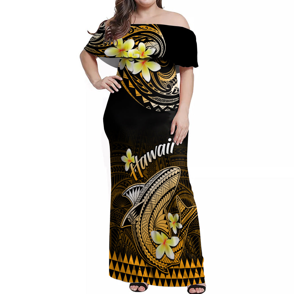 Hawaii Off Shoulder Maxi Dress Polynesian Shark with Kakau Gold Version LT01 Women Gold - Polynesian Pride