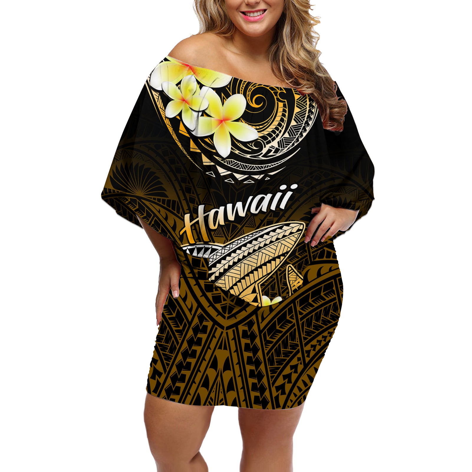 Hawaii Off Shoulder Short Dress Polynesian Shark with Kakau Gold Version LT01 Women Gold - Polynesian Pride