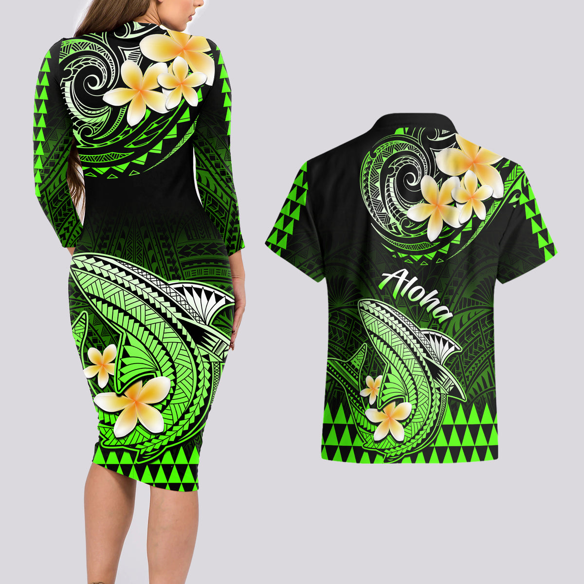 Hawaii Couples Matching Long Sleeve Bodycon Dress and Hawaiian Shirt Polynesian Shark with Kakau Green Version LT01 - Polynesian Pride