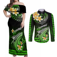 Hawaii Couples Matching Off Shoulder Maxi Dress and Long Sleeve Button Shirts Polynesian Shark with Kakau Green Version LT01 Green - Polynesian Pride