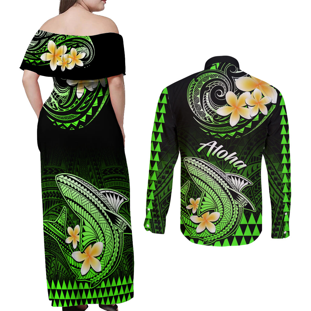 Hawaii Couples Matching Off Shoulder Maxi Dress and Long Sleeve Button Shirts Polynesian Shark with Kakau Green Version LT01 - Polynesian Pride