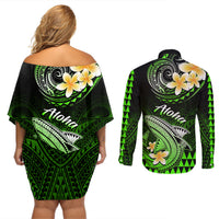 Hawaii Couples Matching Off Shoulder Short Dress and Long Sleeve Button Shirts Polynesian Shark with Kakau Green Version LT01 - Polynesian Pride