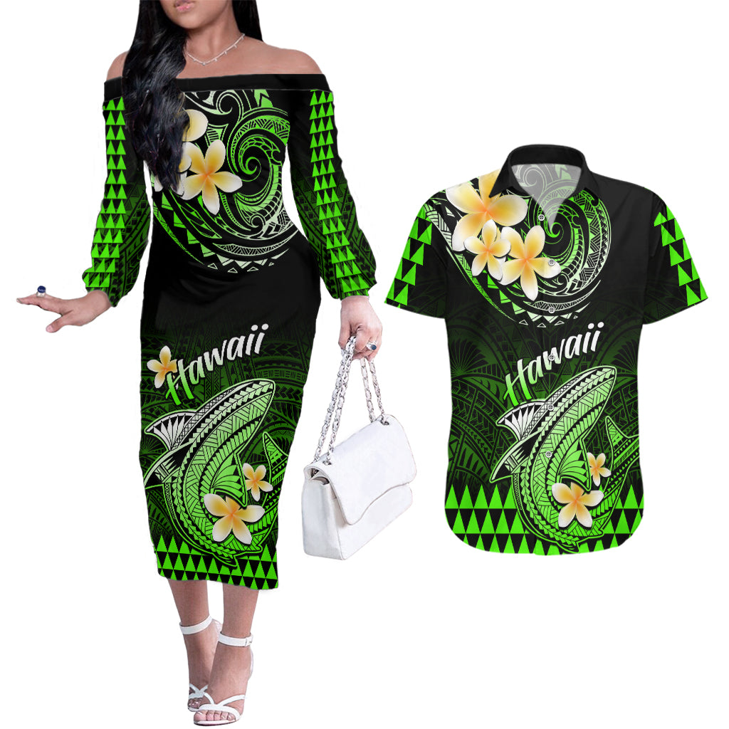 Hawaii Couples Matching Off The Shoulder Long Sleeve Dress and Hawaiian Shirt Polynesian Shark with Kakau Green Version LT01 Green - Polynesian Pride