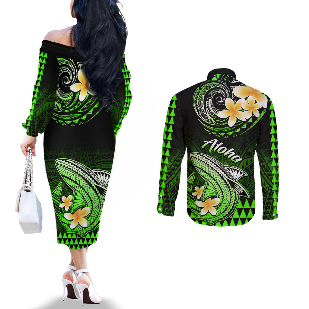 Hawaii Couples Matching Off The Shoulder Long Sleeve Dress and Long Sleeve Button Shirts Polynesian Shark with Kakau Green Version LT01 - Polynesian Pride