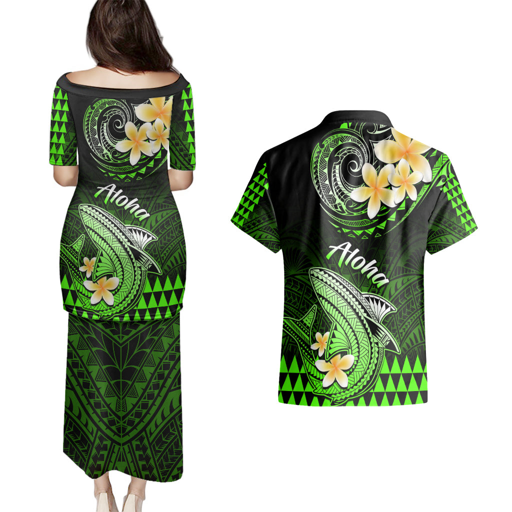 Hawaii Couples Matching Puletasi Dress and Hawaiian Shirt Polynesian Shark with Kakau Green Version LT01 - Polynesian Pride
