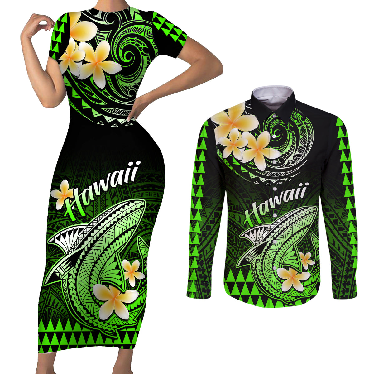 Hawaii Couples Matching Short Sleeve Bodycon Dress and Long Sleeve Button Shirts Polynesian Shark with Kakau Green Version LT01 Green - Polynesian Pride