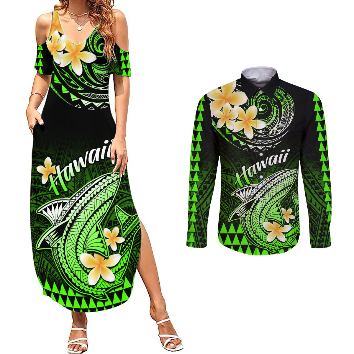 Hawaii Couples Matching Summer Maxi Dress and Long Sleeve Button Shirts Polynesian Shark with Kakau Green Version LT01 Green - Polynesian Pride