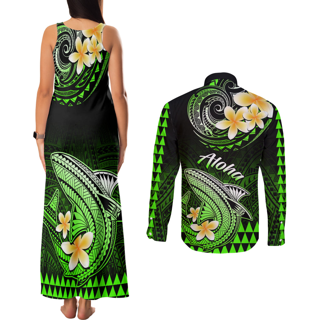 Hawaii Couples Matching Tank Maxi Dress and Long Sleeve Button Shirts Polynesian Shark with Kakau Green Version LT01 - Polynesian Pride