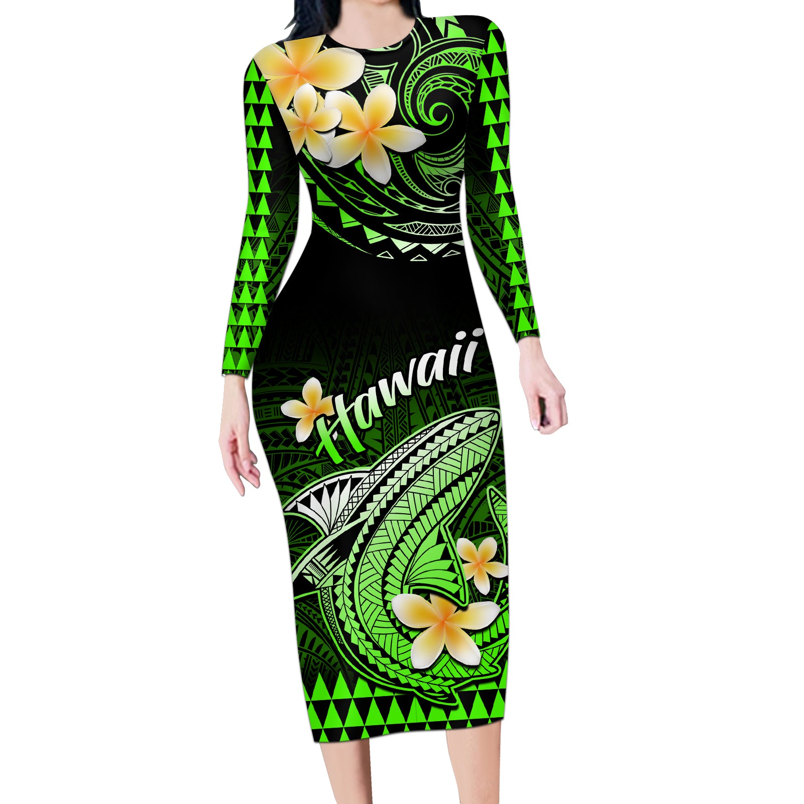 Hawaii Long Sleeve Bodycon Dress Polynesian Shark with Kakau Green Version LT01 Long Dress Green - Polynesian Pride