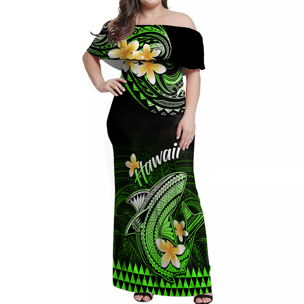 Hawaii Off Shoulder Maxi Dress Polynesian Shark with Kakau Green Version LT01 Women Green - Polynesian Pride