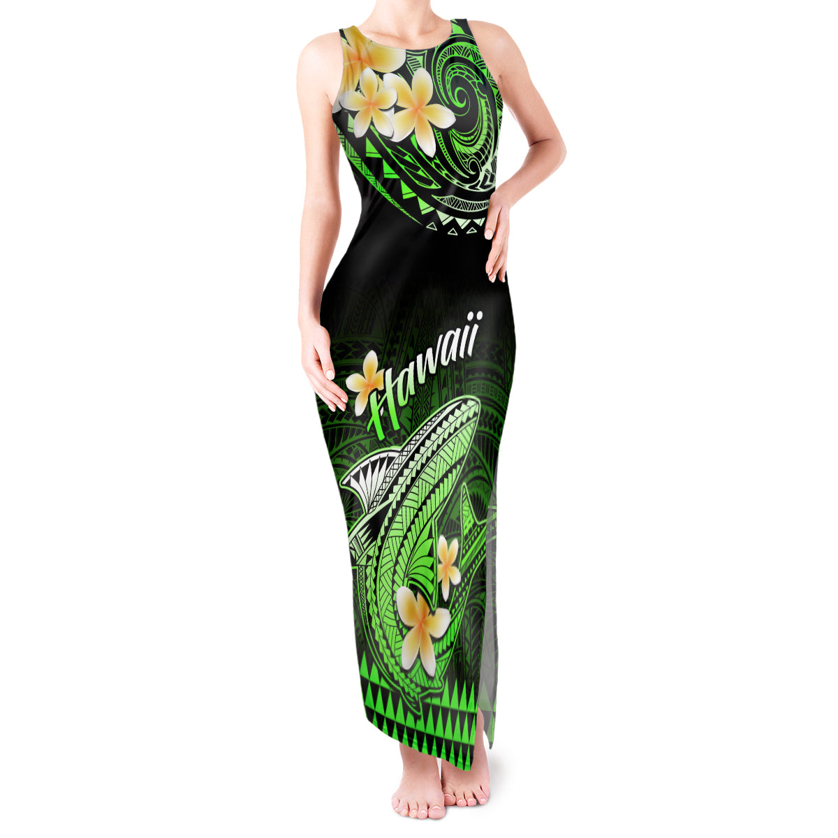 Hawaii Tank Maxi Dress Polynesian Shark with Kakau Green Version LT01 Women Green - Polynesian Pride