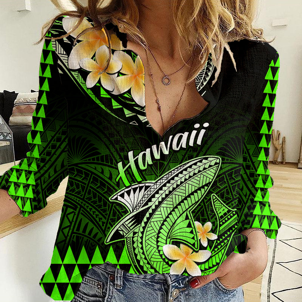 Hawaii Women Casual Shirt Polynesian Shark with Kakau Green Version LT01 Female Green - Polynesian Pride