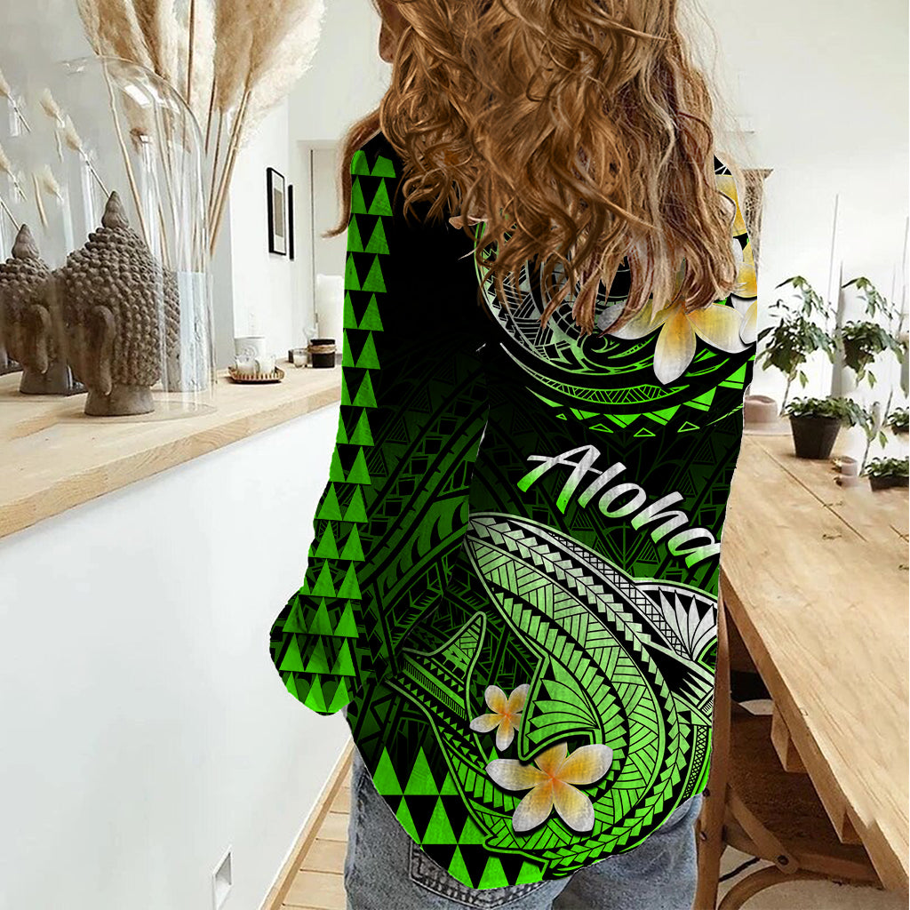 Hawaii Women Casual Shirt Polynesian Shark with Kakau Green Version LT01 - Polynesian Pride