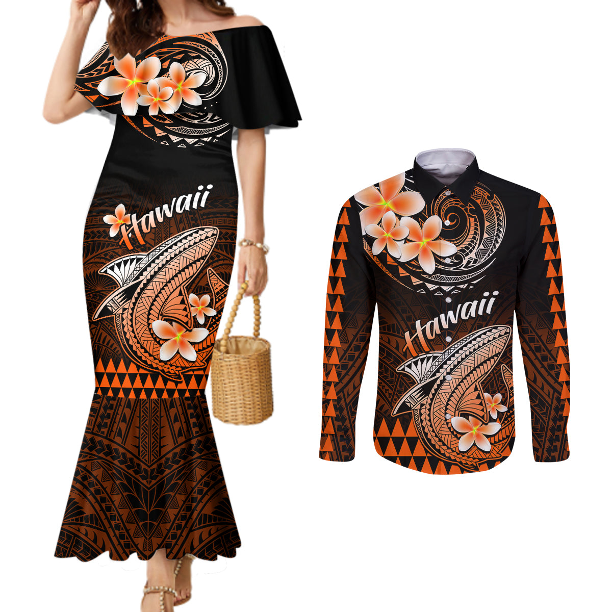 Hawaii Couples Matching Mermaid Dress and Long Sleeve Button Shirts Polynesian Shark with Kakau Orange Version LT01 Orange - Polynesian Pride