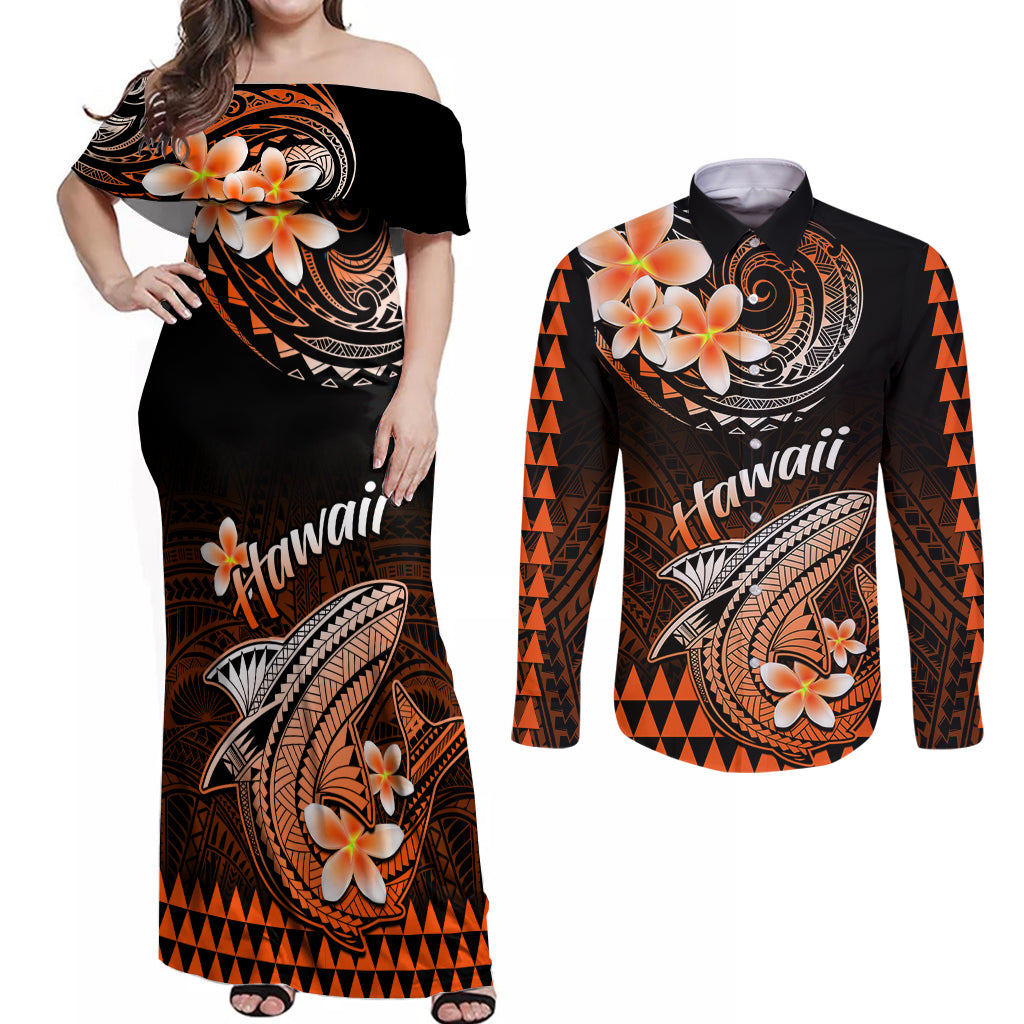 Hawaii Couples Matching Off Shoulder Maxi Dress and Long Sleeve Button Shirts Polynesian Shark with Kakau Orange Version LT01 Orange - Polynesian Pride