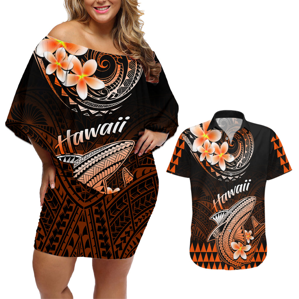 Hawaii Couples Matching Off Shoulder Short Dress and Hawaiian Shirt Polynesian Shark with Kakau Orange Version LT01 Orange - Polynesian Pride