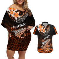 Hawaii Couples Matching Off Shoulder Short Dress and Hawaiian Shirt Polynesian Shark with Kakau Orange Version LT01 Orange - Polynesian Pride