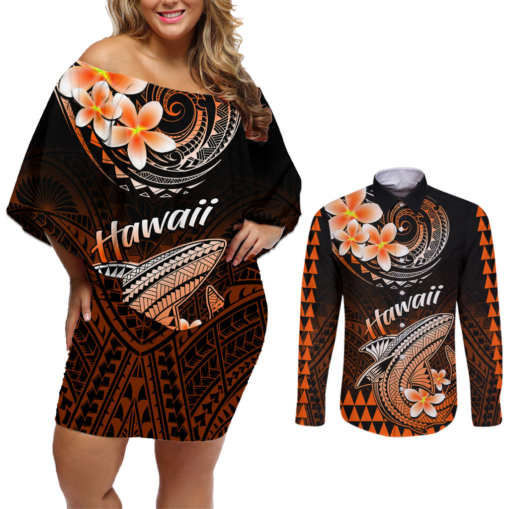 Hawaii Couples Matching Off Shoulder Short Dress and Long Sleeve Button Shirts Polynesian Shark with Kakau Orange Version LT01 Orange - Polynesian Pride
