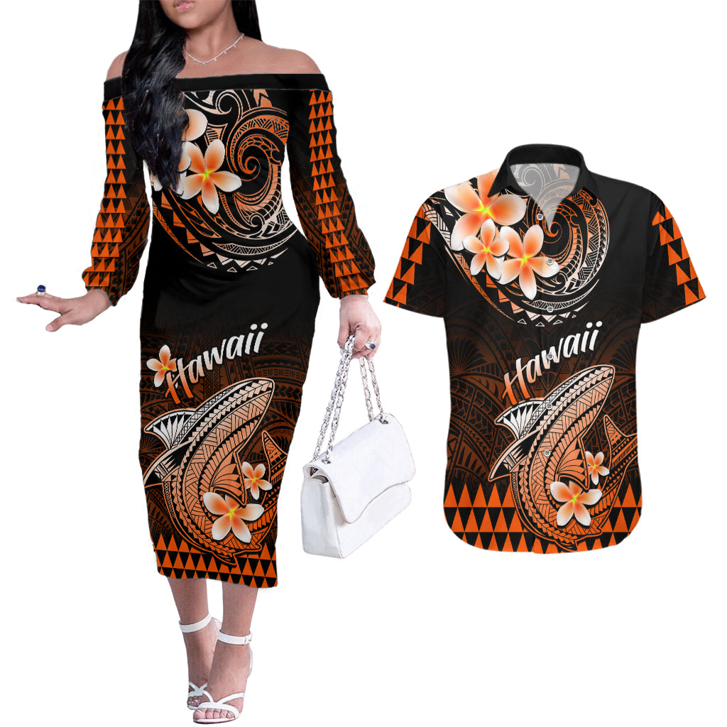 Hawaii Couples Matching Off The Shoulder Long Sleeve Dress and Hawaiian Shirt Polynesian Shark with Kakau Orange Version LT01 Orange - Polynesian Pride