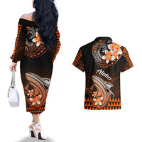 Hawaii Couples Matching Off The Shoulder Long Sleeve Dress and Hawaiian Shirt Polynesian Shark with Kakau Orange Version LT01 - Polynesian Pride