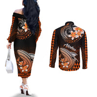 Hawaii Couples Matching Off The Shoulder Long Sleeve Dress and Long Sleeve Button Shirts Polynesian Shark with Kakau Orange Version LT01 - Polynesian Pride